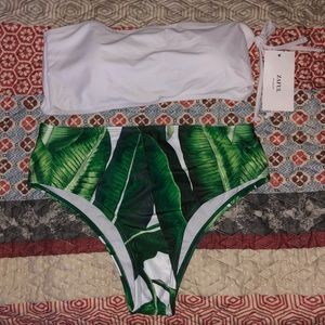 Zaful Palm Print and White High Waist Bikini